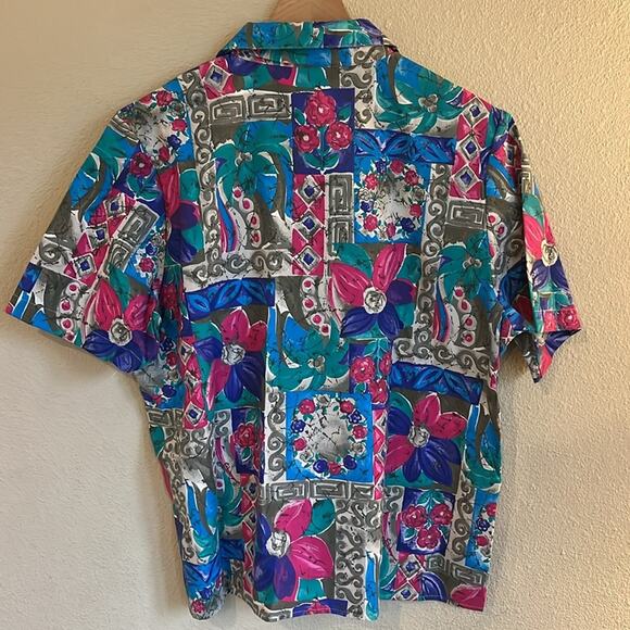 Vintage Hawaiian Button Down Shirt XL Tropical Floral Tiki Hawaii 80s Colorful - Picture 7 of 7